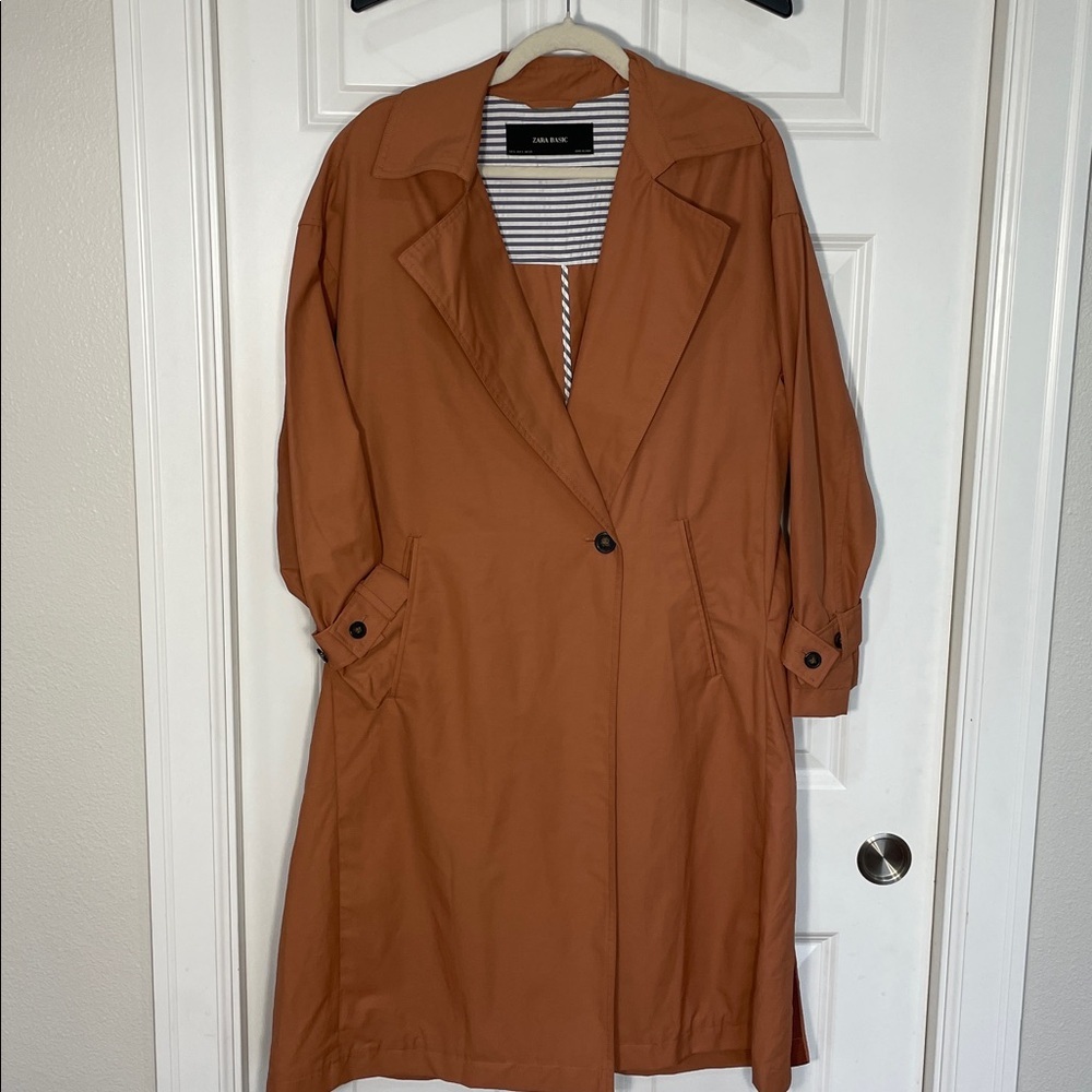 ZARA Trench Coat Contrasting Belt Size Small Single Button Notched Collar Orange - Picture 10 of 16